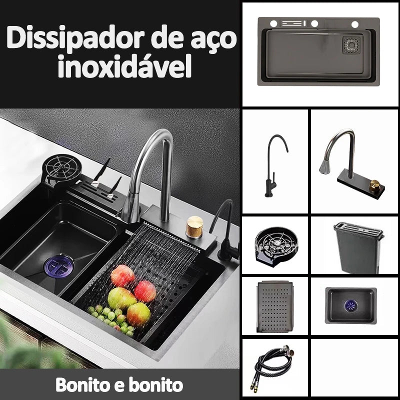 Pia de Cozinha em Aço Inox com Cascata e Torneira Gourmet